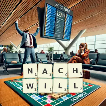 Kreative Illustration für ein Scrabble-Spiel, bei dem das Wort NACHWILL mit Steinen auf dem Brett gelegt wurde.
