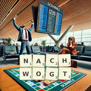 Kreative Illustration für ein Scrabble-Spiel, bei dem das Wort NACHWOGT mit Steinen auf dem Brett gelegt wurde.