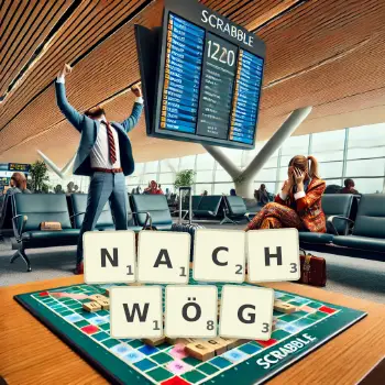 Kreative Illustration für ein Scrabble-Spiel, bei dem das Wort NACHWÖG mit Steinen auf dem Brett gelegt wurde.