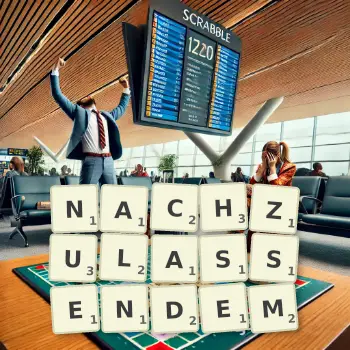 Kreative Illustration für ein Scrabble-Spiel, bei dem das Wort NACHZULASSENDEM mit Steinen auf dem Brett gelegt wurde.