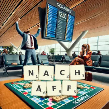 Kreative Illustration für ein Scrabble-Spiel, bei dem das Wort NACHÄFF mit Steinen auf dem Brett gelegt wurde.