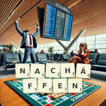 Kreative Illustration für ein Scrabble-Spiel, bei dem das Wort NACHÄFFEN mit Steinen auf dem Brett gelegt wurde.