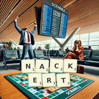 Kreative Illustration für ein Scrabble-Spiel, bei dem das Wort NACKERT mit Steinen auf dem Brett gelegt wurde.