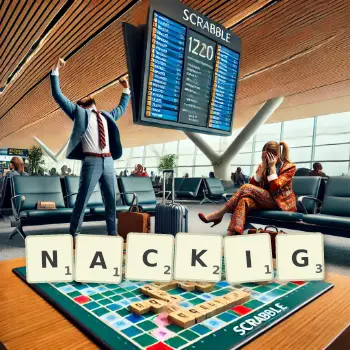 Kreative Illustration für ein Scrabble-Spiel, bei dem das Wort NACKIG mit Steinen auf dem Brett gelegt wurde.