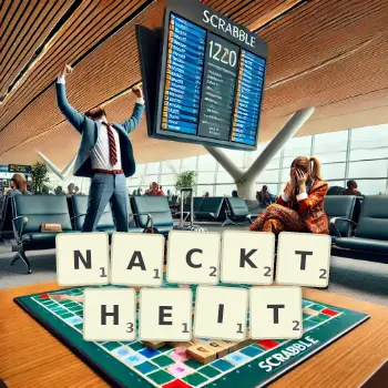 Kreative Illustration für ein Scrabble-Spiel, bei dem das Wort NACKTHEIT mit Steinen auf dem Brett gelegt wurde.