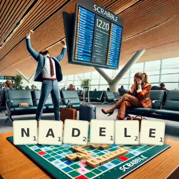 Kreative Illustration für ein Scrabble-Spiel, bei dem das Wort NADELE mit Steinen auf dem Brett gelegt wurde.