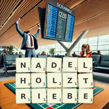 Kreative Illustration für ein Scrabble-Spiel, bei dem das Wort NADELHOLZTRIEBE mit Steinen auf dem Brett gelegt wurde.
