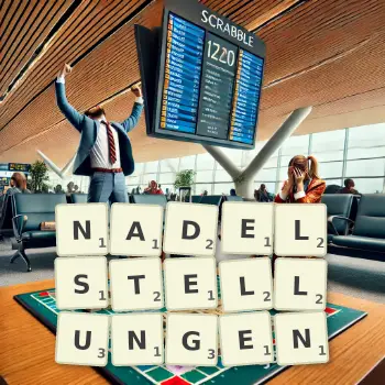 Kreative Illustration für ein Scrabble-Spiel, bei dem das Wort NADELSTELLUNGEN mit Steinen auf dem Brett gelegt wurde.