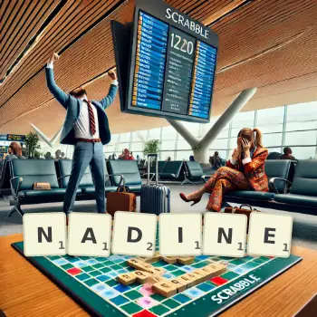 Kreative Illustration für ein Scrabble-Spiel, bei dem das Wort NADINE mit Steinen auf dem Brett gelegt wurde.