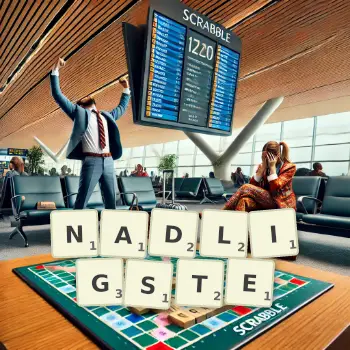 Kreative Illustration für ein Scrabble-Spiel, bei dem das Wort NADLIGSTE mit Steinen auf dem Brett gelegt wurde.