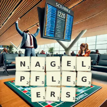 Kreative Illustration für ein Scrabble-Spiel, bei dem das Wort NAGELPFLEGERS mit Steinen auf dem Brett gelegt wurde.
