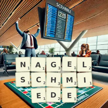 Kreative Illustration für ein Scrabble-Spiel, bei dem das Wort NAGELSCHMIEDE mit Steinen auf dem Brett gelegt wurde.