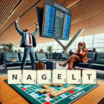 Kreative Illustration für ein Scrabble-Spiel, bei dem das Wort NAGELT mit Steinen auf dem Brett gelegt wurde.