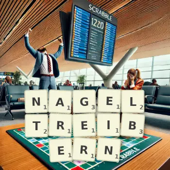 Kreative Illustration für ein Scrabble-Spiel, bei dem das Wort NAGELTREIBERN mit Steinen auf dem Brett gelegt wurde.