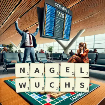 Kreative Illustration für ein Scrabble-Spiel, bei dem das Wort NAGELWUCHS mit Steinen auf dem Brett gelegt wurde.