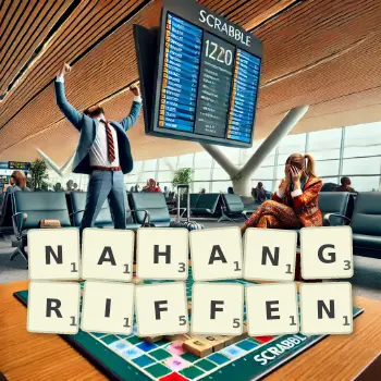 Kreative Illustration für ein Scrabble-Spiel, bei dem das Wort NAHANGRIFFEN mit Steinen auf dem Brett gelegt wurde.