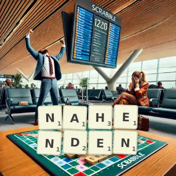 Kreative Illustration für ein Scrabble-Spiel, bei dem das Wort NAHENDEN mit Steinen auf dem Brett gelegt wurde.