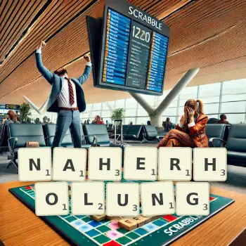 Kreative Illustration für ein Scrabble-Spiel, bei dem das Wort NAHERHOLUNG mit Steinen auf dem Brett gelegt wurde.