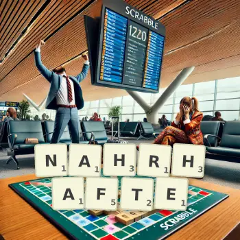 Kreative Illustration für ein Scrabble-Spiel, bei dem das Wort NAHRHAFTE mit Steinen auf dem Brett gelegt wurde.