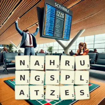 Kreative Illustration für ein Scrabble-Spiel, bei dem das Wort NAHRUNGSPLATZES mit Steinen auf dem Brett gelegt wurde.