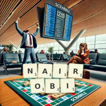 Kreative Illustration für ein Scrabble-Spiel, bei dem das Wort NAIROBI mit Steinen auf dem Brett gelegt wurde.