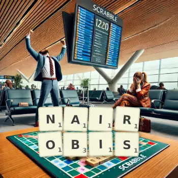 Kreative Illustration für ein Scrabble-Spiel, bei dem das Wort NAIROBIS mit Steinen auf dem Brett gelegt wurde.