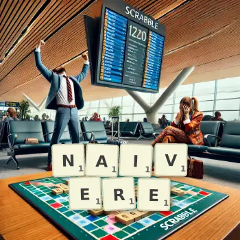 Kreative Illustration für ein Scrabble-Spiel, bei dem das Wort NAIVERE mit Steinen auf dem Brett gelegt wurde.