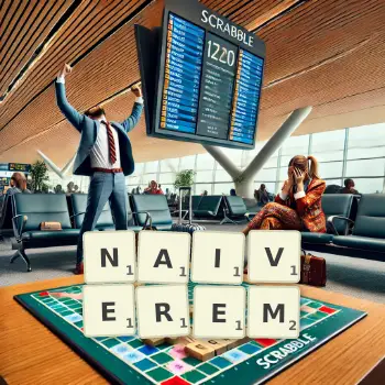 Kreative Illustration für ein Scrabble-Spiel, bei dem das Wort NAIVEREM mit Steinen auf dem Brett gelegt wurde.