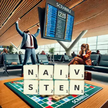Kreative Illustration für ein Scrabble-Spiel, bei dem das Wort NAIVSTEN mit Steinen auf dem Brett gelegt wurde.