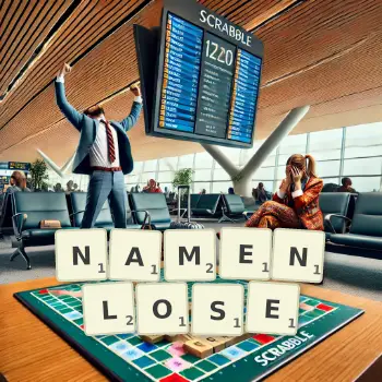 Kreative Illustration für ein Scrabble-Spiel, bei dem das Wort NAMENLOSE mit Steinen auf dem Brett gelegt wurde.