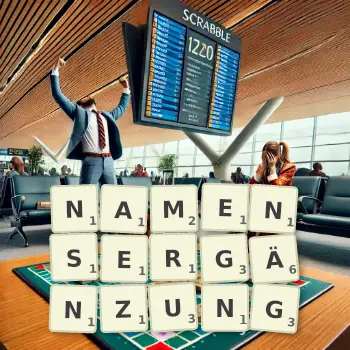 Kreative Illustration für ein Scrabble-Spiel, bei dem das Wort NAMENSERGÄNZUNG mit Steinen auf dem Brett gelegt wurde.