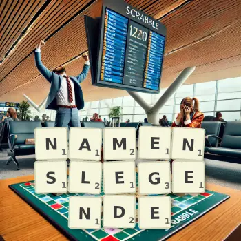Kreative Illustration für ein Scrabble-Spiel, bei dem das Wort NAMENSLEGENDE mit Steinen auf dem Brett gelegt wurde.