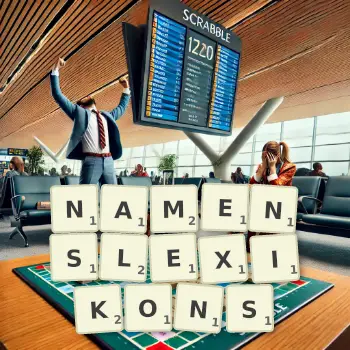 Kreative Illustration für ein Scrabble-Spiel, bei dem das Wort NAMENSLEXIKONS mit Steinen auf dem Brett gelegt wurde.
