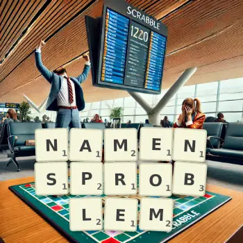 Kreative Illustration für ein Scrabble-Spiel, bei dem das Wort NAMENSPROBLEM mit Steinen auf dem Brett gelegt wurde.