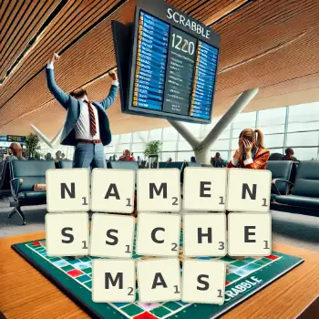 Kreative Illustration für ein Scrabble-Spiel, bei dem das Wort NAMENSSCHEMAS mit Steinen auf dem Brett gelegt wurde.