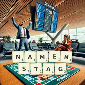 Kreative Illustration für ein Scrabble-Spiel, bei dem das Wort NAMENSTAG mit Steinen auf dem Brett gelegt wurde.
