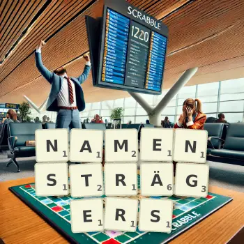 Kreative Illustration für ein Scrabble-Spiel, bei dem das Wort NAMENSTRÄGERS mit Steinen auf dem Brett gelegt wurde.