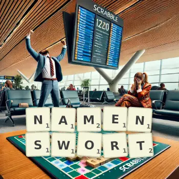 Kreative Illustration für ein Scrabble-Spiel, bei dem das Wort NAMENSWORT mit Steinen auf dem Brett gelegt wurde.