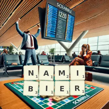 Kreative Illustration für ein Scrabble-Spiel, bei dem das Wort NAMIBIER mit Steinen auf dem Brett gelegt wurde.