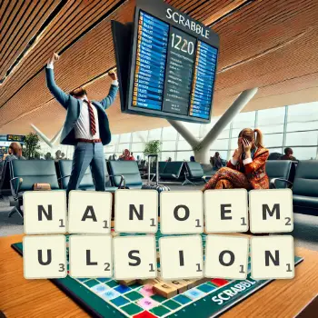 Kreative Illustration für ein Scrabble-Spiel, bei dem das Wort NANOEMULSION mit Steinen auf dem Brett gelegt wurde.