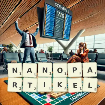 Kreative Illustration für ein Scrabble-Spiel, bei dem das Wort NANOPARTIKEL mit Steinen auf dem Brett gelegt wurde.