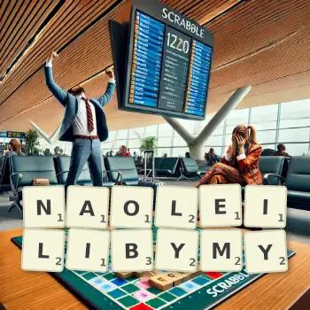 Kreative Illustration für ein Scrabble-Spiel, bei dem das Wort NAOLEILIBYMY mit Steinen auf dem Brett gelegt wurde.