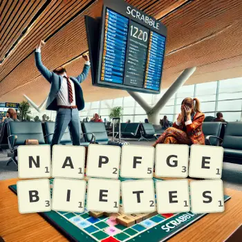 Kreative Illustration für ein Scrabble-Spiel, bei dem das Wort NAPFGEBIETES mit Steinen auf dem Brett gelegt wurde.