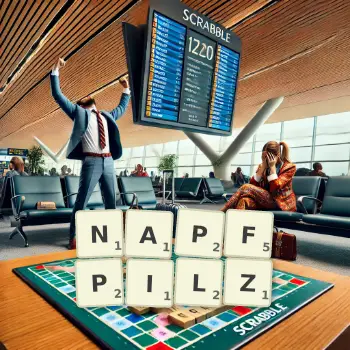 Kreative Illustration für ein Scrabble-Spiel, bei dem das Wort NAPFPILZ mit Steinen auf dem Brett gelegt wurde.