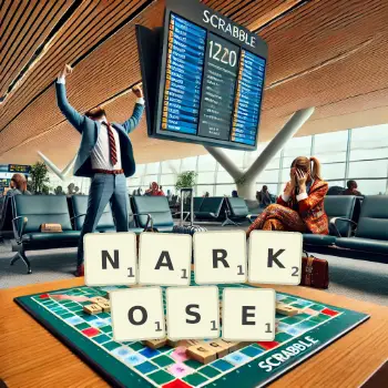 Kreative Illustration für ein Scrabble-Spiel, bei dem das Wort NARKOSE mit Steinen auf dem Brett gelegt wurde.