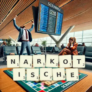 Kreative Illustration für ein Scrabble-Spiel, bei dem das Wort NARKOTISCHE mit Steinen auf dem Brett gelegt wurde.