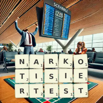 Kreative Illustration für ein Scrabble-Spiel, bei dem das Wort NARKOTISIERTEST mit Steinen auf dem Brett gelegt wurde.