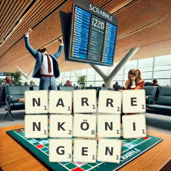 Kreative Illustration für ein Scrabble-Spiel, bei dem das Wort NARRENKÖNIGEN mit Steinen auf dem Brett gelegt wurde.