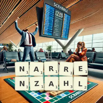Kreative Illustration für ein Scrabble-Spiel, bei dem das Wort NARRENZAHL mit Steinen auf dem Brett gelegt wurde.