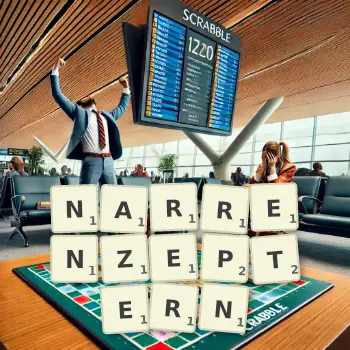 Kreative Illustration für ein Scrabble-Spiel, bei dem das Wort NARRENZEPTERN mit Steinen auf dem Brett gelegt wurde.